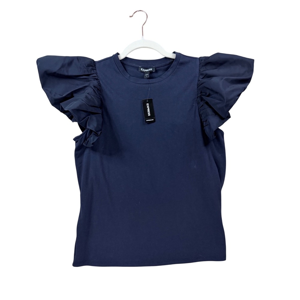 Express Ruffle Sleeve Top Women Small Navy Blue New Mixed Media Crew Neck